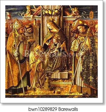 Madonna and Child Enthroned with Presentation of the Keys to St. Peter, with Saints John of Capistrano, Emidius, Francis, Louis of Toulouse, James of the Marches, and an Unidentified Bishop by Carlo Crivelli, Art Print