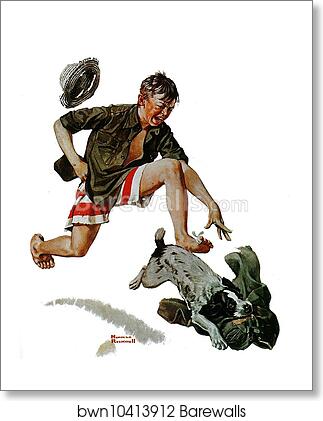 Runaway pants (Boy chasing dog with pants) by Norman Rockwell, Art Print Runaway pants (Boy chasing dog with pants) by Norman Rockwell, Art Print