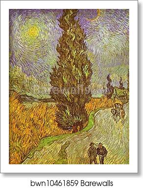 Road with Man Walking, Carrige, Cypress, Star and Crescend Moon by Vincent Van Gogh, Art Print