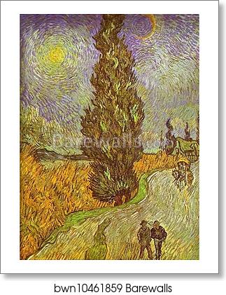 Road with Man Walking, Carrige, Cypress, Star and Crescend Moon by Vincent Van Gogh, Art Print Road with Man Walking, Carrige, Cypress, Star and Crescend Moon by Vincent Van Gogh, Art Print