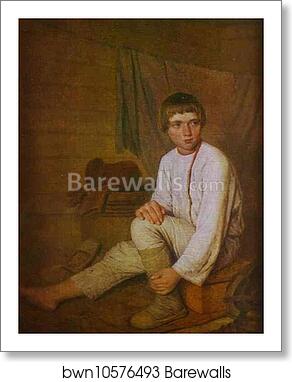 Peasant Boy Putting on Bast Sandals by Alexey Venetsianov, Art Print Peasant Boy Putting on Bast Sandals by Alexey Venetsianov, Art Print