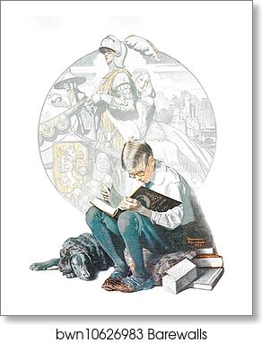 Boy Reading Adventure Story by Norman Rockwell, Art Print