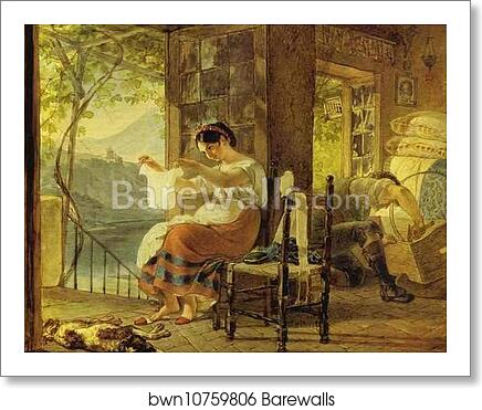 Italian Woman Heavy with a Child Examining a Shirt and her Husband Making a Cradle by Karl Brulloff, Art Print Italian Woman Heavy with a Child Examining a Shirt and her Husband Making a Cradle by Karl Brulloff, Art Print