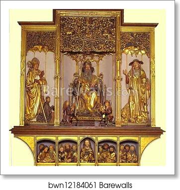 Central part: wooden carved figures of St. August, St. Anthony, St. Jerome; bottom part Jesus with 12 Apostles. Sculptures by Nicolas de Haguenau (active in Strasbourg around 1490) by Matthias Grünewald, Art Print