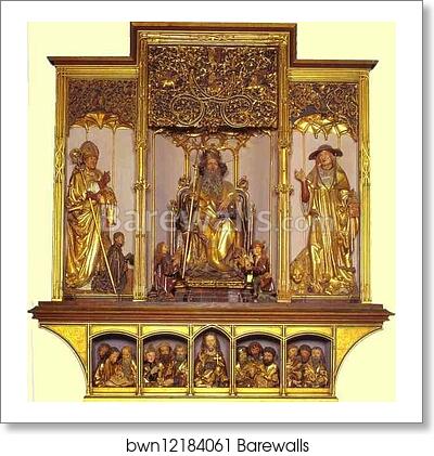 Central part: wooden carved figures of St. August, St. Anthony, St. Jerome; bottom part Jesus with 12 Apostles. Sculptures by Nicolas de Haguenau (active in Strasbourg around 1490) by Matthias Grünewald, Art Print Central part: wooden carved figures of St. August, St. Anthony, St. Jerome; bottom part Jesus with 12 Apostles. Sculptures by Nicolas de Haguenau (active in Strasbourg around 1490) by Matthias Grünewald, Art Print