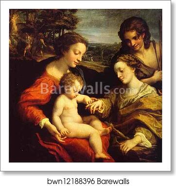 The Mystic Marriage of St. Catherine, with St. Sebastian; in the Background is the Martyrdom of Two Saints by Correggio, Art Print