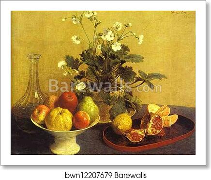 Still-life. Flowers, Bowl of Fruit and Pitcher. (Nature morte. Fleurs, compotier et carafe) by Henri Fantin-Latour, Art Print