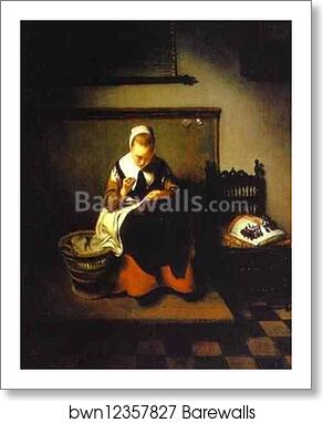 A Young Woman Sewing by Nicolaes Maes, Art Print