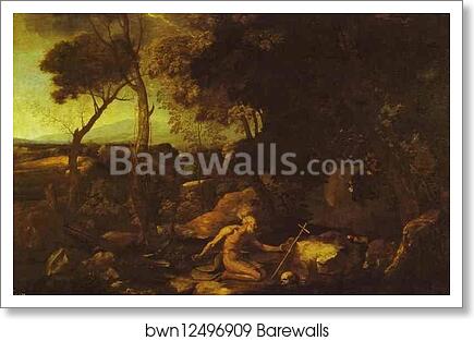 Landscape with St. Jerome by Nicolas Poussin, Art Print