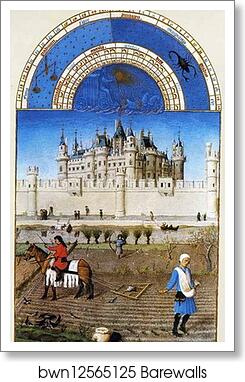 Les trÄ�s riches heures du Duc de Berry. October. Louvre Palace by Limbourg Brothers, Art Print