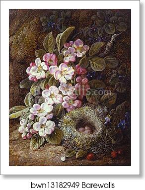 Flowers and Bird's Nest on a Mossy Bank by George Clare, Art Print