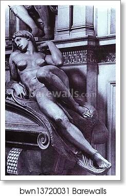 Tomb of Lorenzo de' Medici. Detail. Dawn by Michelangelo, Art Print
