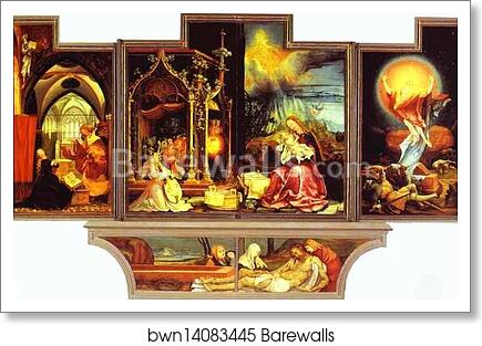 Annunciation (left), Concert of Angels (central left), Nativity (cental right), Resurrection (right) by Matthias Grünewald, Art Print