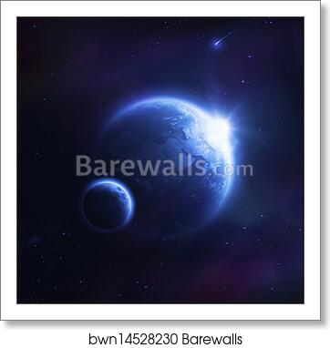 Earth and moon in outer space with rising sun and flying meteorites by Evgeny Kuklev/Stocktrek Images, Art Print
