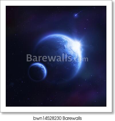 Earth and moon in outer space with rising sun and flying meteorites by Evgeny Kuklev/Stocktrek Images, Art Print Earth and moon in outer space with rising sun and flying meteorites by Evgeny Kuklev/Stocktrek Images, Art Print