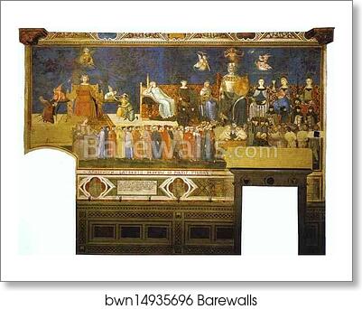 Allegory of Good Government. Top right: Allegorical Personifications of Faith, Charity and Hope. Left: Peace, Fortitude, Prudence. Middle: Good Government. Right: Magnanimity, Temperance, Justice by Ambrogio Lorenzetti, Art Print Allegory of Good Government. Top right: Allegorical Personifications of Faith, Charity and Hope. Left: Peace, Fortitude, Prudence. Middle: Good Government. Right: Magnanimity, Temperance, Justice by Ambrogio Lorenzetti, Art Print