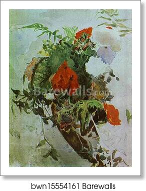 Red Flowers and Leaves of Begonia in a Basket by Mikhail Vrubel, Art Print Red Flowers and Leaves of Begonia in a Basket by Mikhail Vrubel, Art Print