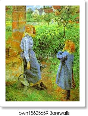 Woman and Child at a Well by Camille Pissarro, Art Print