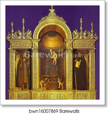 Frari Triptych, general view. Madonna and Child with Two Musical Angels Between SS. Nicholas, Peter, Mark, and Benedict by Giovanni Bellini, Art Print Frari Triptych, general view. Madonna and Child with Two Musical Angels Between SS. Nicholas, Peter, Mark, and Benedict by Giovanni Bellini, Art Print