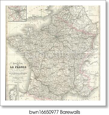 Nouvelle Carte del La France indiquant les Routes de Poste, les Routes Nationales & Departmentales aved les Distances en Kilometres by Victor Jules Levasseur, Art Print