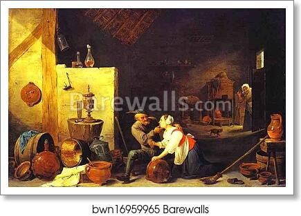 An Old Peasant Caresses a Kitchen Maid in a Stable by David Teniers The Younger, Art Print