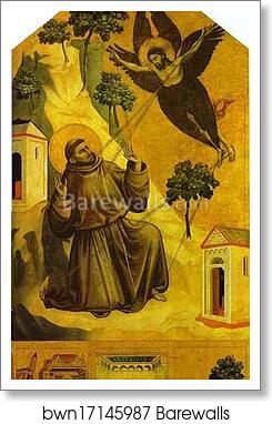 St. Francis Receiving the Stigmata with Three Scenes from His Legend: The Vision of Pope Innocent III, the Pope Receiving the Statutes of the order of St. Francis, and St. Francis Preaching to the Birds by Giotto, Art Print