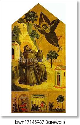 St. Francis Receiving the Stigmata with Three Scenes from His Legend: The Vision of Pope Innocent III, the Pope Receiving the Statutes of the order of St. Francis, and St. Francis Preaching to the Birds by Giotto, Art Print St. Francis Receiving the Stigmata with Three Scenes from His Legend: The Vision of Pope Innocent III, the Pope Receiving the Statutes of the order of St. Francis, and St. Francis Preaching to the Birds by Giotto, Art Print