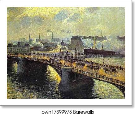 The Boieldiieu Bridge at Rouen, Setting Sun, Foggy Weather by Camille Pissarro, Art Print
