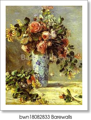 Roses and Jasmin in a Delft Vase. (Les roses et jasmin dans le vase de Delft) by Pierre-Auguste Renoir, Art Print