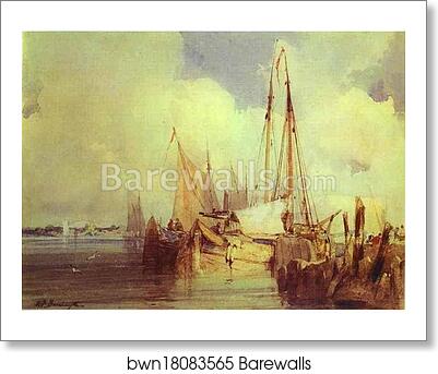 French River Scene with Fishing Boats by Richard Parkes Bonington, Art Print French River Scene with Fishing Boats by Richard Parkes Bonington, Art Print