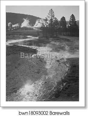 Stream winding back toward geyser, "Central Geyser Basin, Yellowstone National Park," Wyoming. (Vertical orientation).  Photographs of National Parks and Monuments, compiled 1941 - 1942, documenting the period ca. 1933 - 1942 by Ansel Adams (1902-1984), Art Print