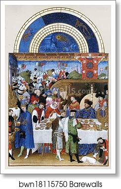 Les trÄ�s riches heures du Duc de Berry. January. A New Year's Day Feast including Jean de Berry by Limbourg Brothers, Art Print