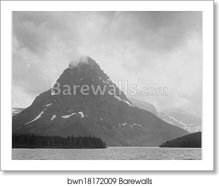 High, lone mountain peak, lake in foreground, "Two Medicine Lake. Glacier National Park," Montana.  Photographs of National Parks and Monuments, compiled 1941 - 1942, documenting the period ca. 1933 - 1942 by Ansel Adams (1902-1984), Art Print