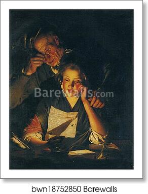 A Young Girl Reading a Letter, with an Old Man Reading over Her Shoulder by Joseph Wright Of Derby, Art Print