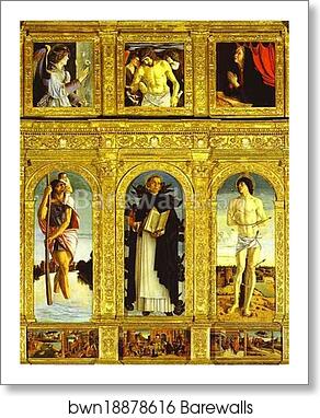 St. Vincent Ferrar Polyptych, with St. Christopher, St. Vincent Ferrar, and St. Sebastian by Giovanni Bellini, Art Print