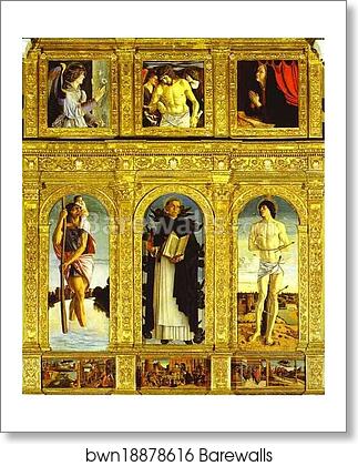 St. Vincent Ferrar Polyptych, with St. Christopher, St. Vincent Ferrar, and St. Sebastian by Giovanni Bellini, Art Print St. Vincent Ferrar Polyptych, with St. Christopher, St. Vincent Ferrar, and St. Sebastian by Giovanni Bellini, Art Print