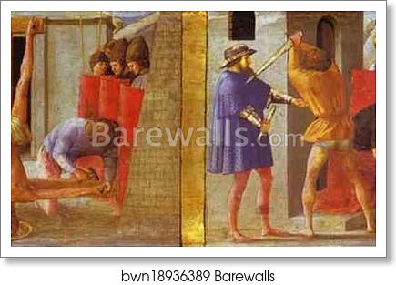 The Crucifixion of St. Peter. The Beheading of St. John the Baptist. Predella from the Pisa Altar by Masaccio, Art Print The Crucifixion of St. Peter. The Beheading of St. John the Baptist. Predella from the Pisa Altar by Masaccio, Art Print