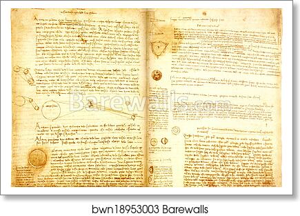 Codex Hammer (Leicester) seen with mirror.  Hammer 2A – Fol.2r (left) and Fol.35v (right) by Leonardo Da Vinci, Art Print