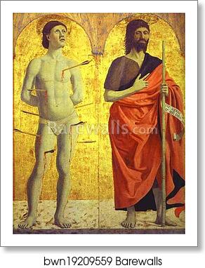 St. Sebastian and St. John the Baptist. Left side panel of the Polyptych of the Misericordia by Piero Della Francesca, Art Print St. Sebastian and St. John the Baptist. Left side panel of the Polyptych of the Misericordia by Piero Della Francesca, Art Print