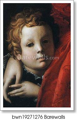 Lady in a Red Dress with a Fair-Haired Little Boy. Detail by Agnolo Bronzino, Art Print