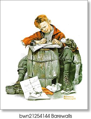 Little boy writing a letter by Norman Rockwell, Art Print