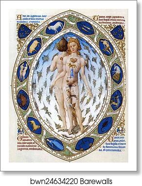 Les trÄ�s riches heures du Duc de Berry. Anatomical Zodiac Man by Limbourg Brothers, Art Print