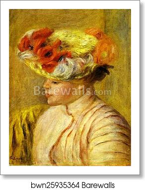 Young Woman Wearing a Hat with Flowers. (Jeune femme au chapeau de fleurs) by Pierre-Auguste Renoir, Art Print