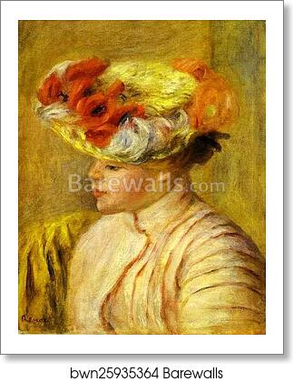Young Woman Wearing a Hat with Flowers. (Jeune femme au chapeau de fleurs) by Pierre-Auguste Renoir, Art Print Young Woman Wearing a Hat with Flowers. (Jeune femme au chapeau de fleurs) by Pierre-Auguste Renoir, Art Print