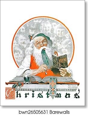 Santa and expense book by Norman Rockwell, Art Print