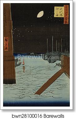 Moon over Ships Moored at Tsukuda Island from Eitai Bridge by Utagawa Hiroshige, Art Print