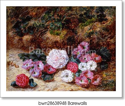 Camellias and Primulas by George Clare, Art Print