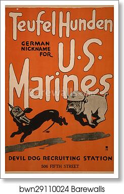 Teufel hunden, German nickname for U.S. Marines.  Devil dog recruiting station, 506 Fifth Street, Art Print