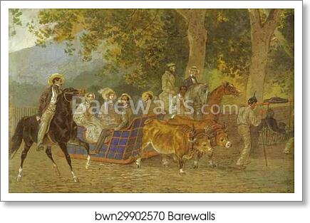 Promenade. Portrait of the Duke of Leuchtenberg, E. Mussart, Ye. I. Mussart, Prince P. R. Bagration, Princess A. A. Bagration, M. I. Zheleznov, N. A. Lukashevich, and K. Bruloff by Karl Brulloff, Art Print