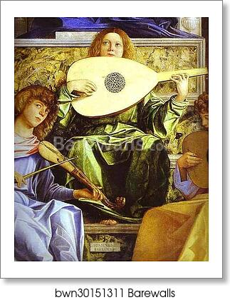 Madonna and Child, Three Musical Angels, and SS. Francis, John the Baptist, Job, Dominic, Sebastian, and Louis of Toulouse, known as the St. Job (Giobbe) Altarpiece. Detail by Giovanni Bellini, Art Print Madonna and Child, Three Musical Angels, and SS. Francis, John the Baptist, Job, Dominic, Sebastian, and Louis of Toulouse, known as the St. Job (Giobbe) Altarpiece. Detail by Giovanni Bellini, Art Print